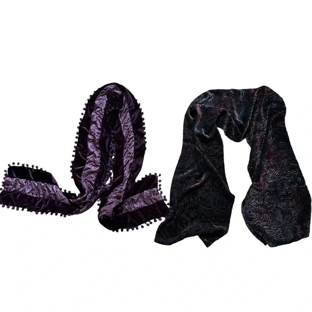 Women’s Vintage Velvet Detailed Purple & Tassel Edge/Burnout Style Scarves GUC